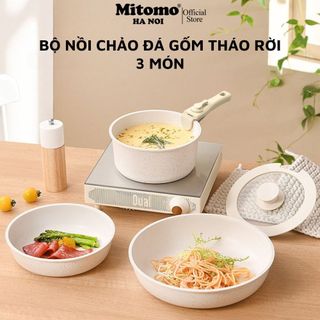  Bộ nồi chảo đá gốm Mitomo chống dính cao cấp 3 món có tay cầm tháo rời dùng cho bếp gas bếp từ,...  - Hàng chính hãng 