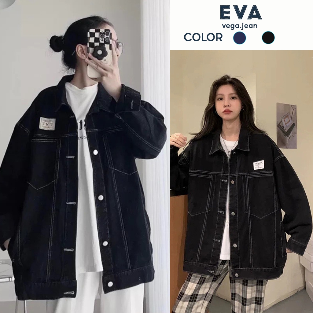 Áo Khoác Jean Nam Nữ Chỉ Nổi Màu Xanh Than Chỉ Nổi Chất Vải Jean Dày Dặn From Rộng Unisex Eva Boutiq