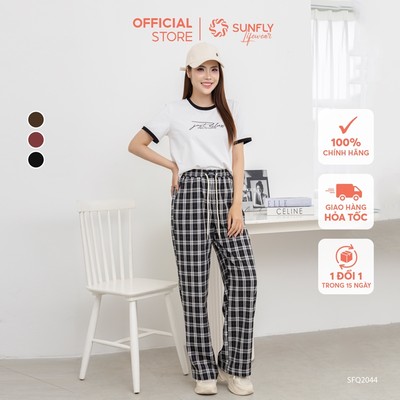 Quần nữ kate kẻ SUNFLY dáng suông dài SFQ2044