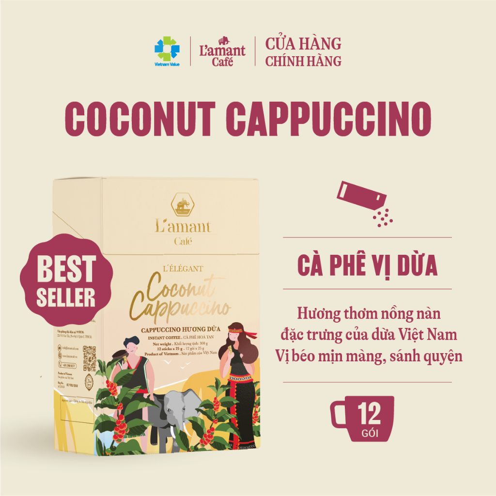Cà Phê Hòa Tan L’amant Coconut Cappuccino – Vị Dừa Thuần Việt – Hộp 300g (12 gói)