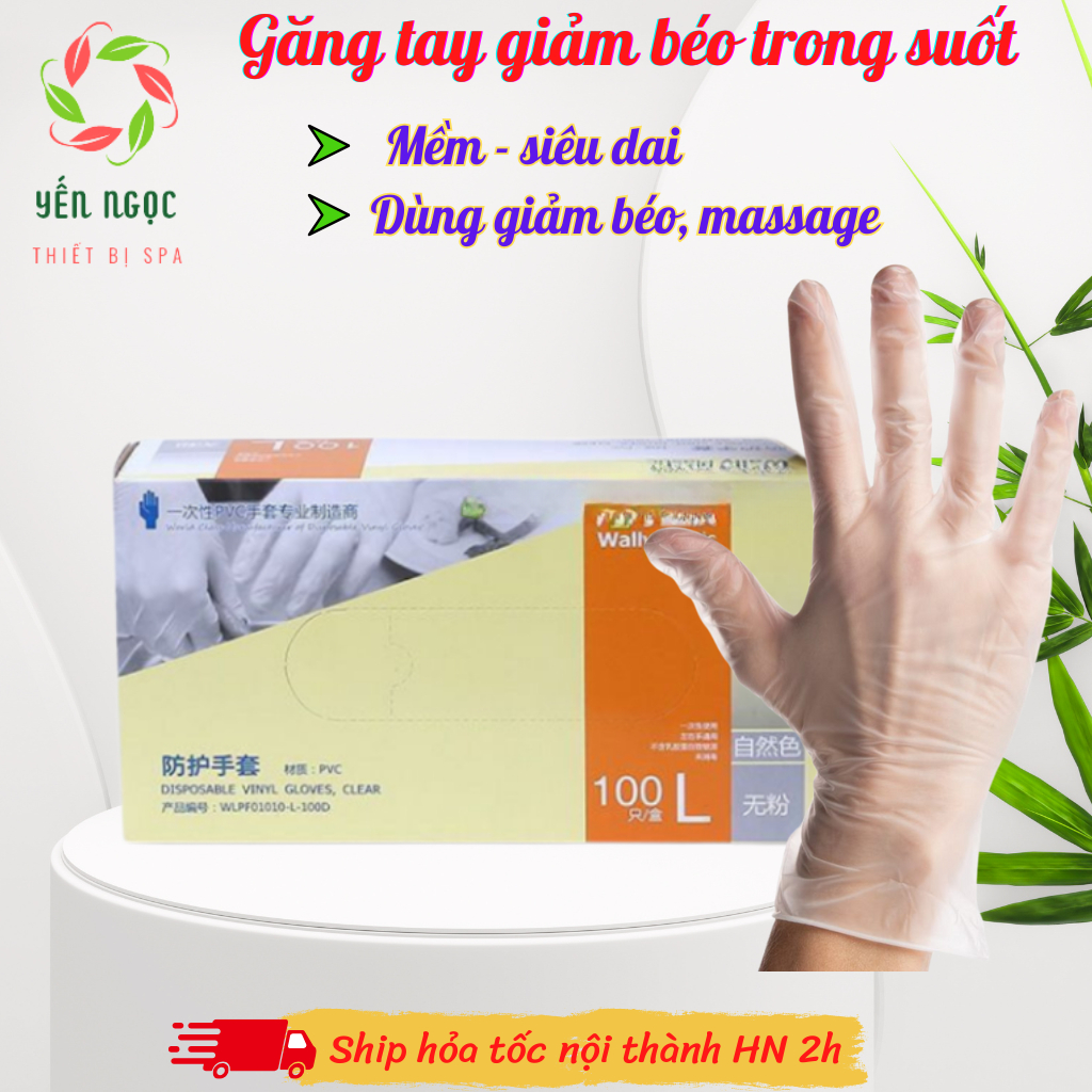 Hộp đủ 100c Găng tay trong suốt Vinyl dùng giảm béo, phun xăm, thẩm mỹ, thực phẩm