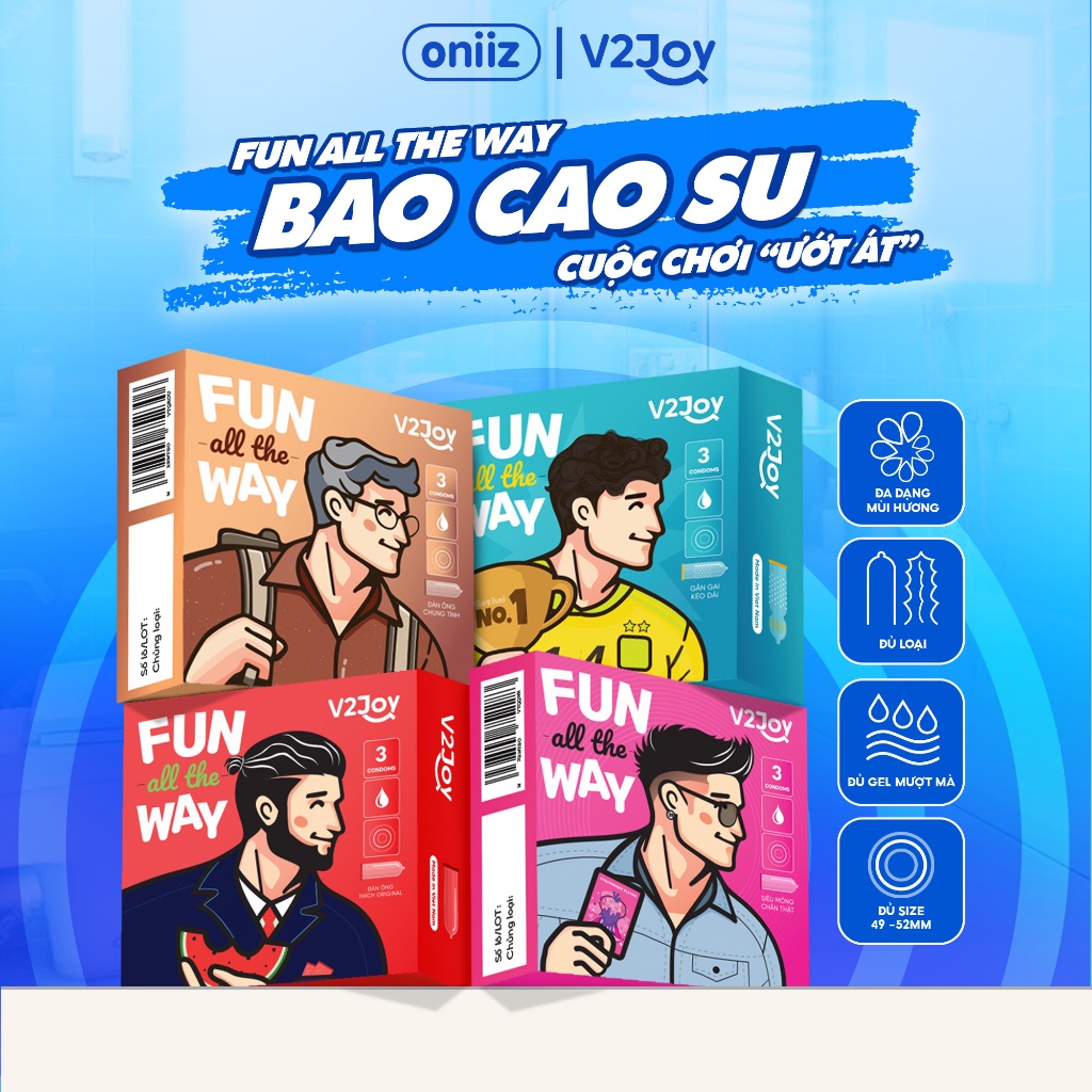 Bao cao su V2Joy Fun all the way siêu mỏng, hương trái cây hộp 3 chiếc