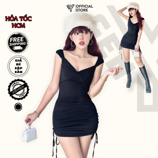 Đầm Body Đen Cánh Tiên Rút Dây 2 Bên GenY Váy Ôm Tôn Dáng Gợi Cảm Co Giãn Tốt T02