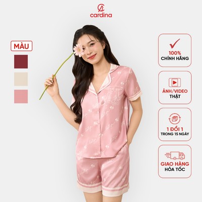 Bộ pijama nữ CARDINA đùi cộc tay chất lụa trơn in chữ họa tiết LOVE dáng basic 5PCN04