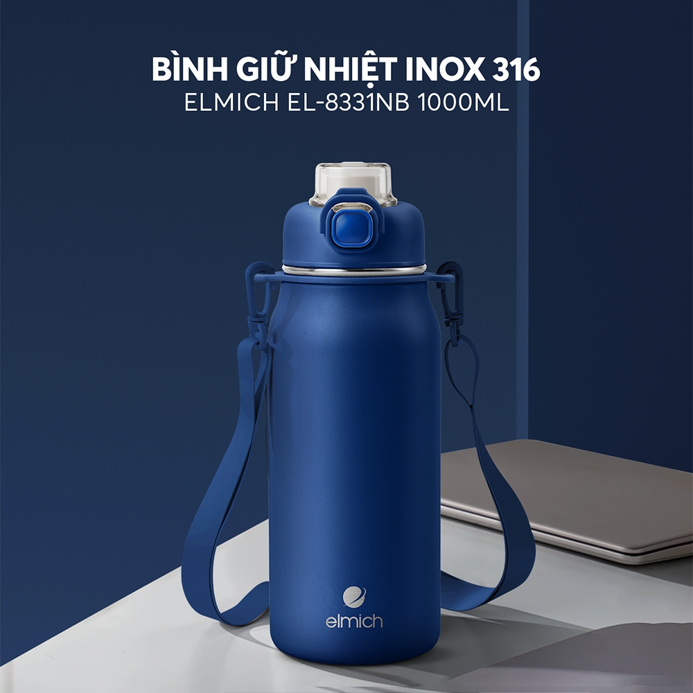 Bình giữ nhiệt inox Elmich EL8331NB giữ nhiệt nóng lạnh kèm ống hút đầu silicon linh hoạt dung tích 1L | BigBuy360 - bigbuy360.vn