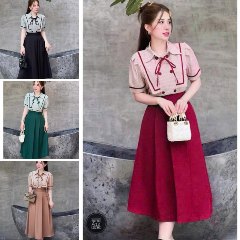 Xả Kho (Bigsize 50-95kg) Set Đầm Váy Dáng Dài Phối Áo Sọc Tay Ngắn Cổ Bẻ Thủy Thủ Thiết Kế Dự Tiệc Nữ Cao Cấp DV110