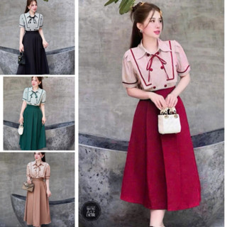 Xả Kho (Bigsize 50-95kg) Set Đầm Váy Dáng Dài Phối Áo Sọc Tay Ngắn Cổ Bẻ Thủy Thủ Thiết Kế Dự Tiệc Nữ Cao Cấp DV110