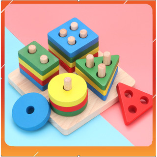 Đồ chơi bộ thả hình khối 4 trụ vào thanh gỗ,Bộ xếp hình montessori thả khối 4 cọc trụ bằng gỗ cho bé