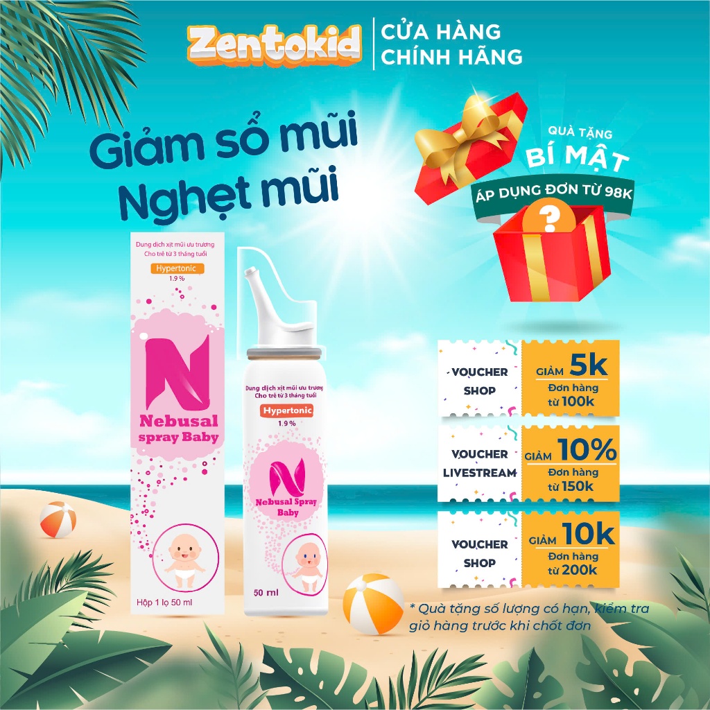 Xịt mũi Nước muối Ưu trương Nebusal Giảm nghẹt mũi, sổ mũi, viêm mũi cho bé trên 6 tháng