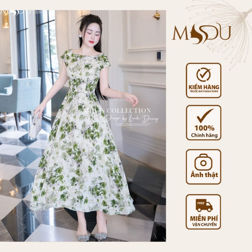 Váy Thiết Kế MDU4822 Dáng Váy Xòe Dài Két Hợp Cùng Họa Tiết Hoa Xanh Tươi Mát Từ MDU