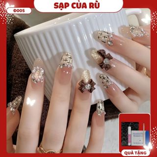  Đ005 Móng tay giả bộ 24 móng form oval ngắn mắt mèo đính charm nơ kèm keo làm nail 