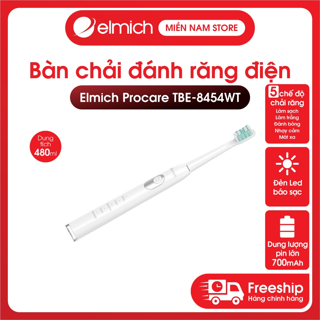 Bàn chải điện Elmich Procare TBE-8454WT công nghệ sóng âm 5 chế độ pin 700mAh làm sạch tối ưu