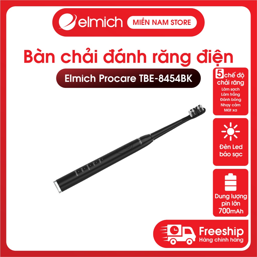 Bàn chải điện Elmich Procare TBE 8454BK công nghệ sóng âm 5 chế độ pin 700mAh làm sạch tối ưu