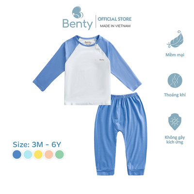 Bộ dài tay cài chéo phối BENTY chất liệu mềm, mịn, quần áo trẻ em quần dài, áo dài chính hãng