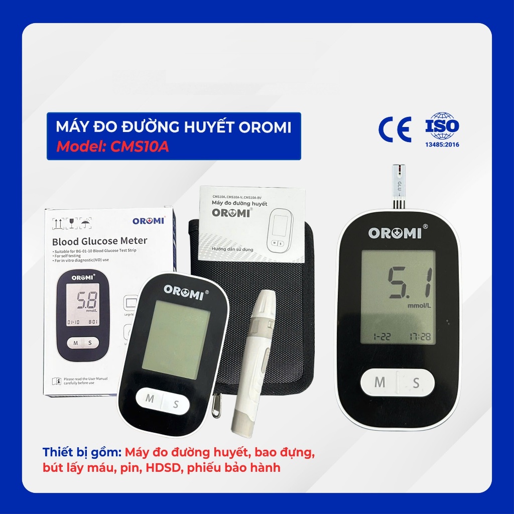 Máy đo đường huyết Oromi + 50 Que thử + 50 Kim lấy máu - Bảo hành trọn đời máy