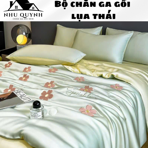 Bộ Chăn Ga Gối Lụa Thái 4 Món Chăn Trần Bông Set Chăn Ga Gối Trơn, Hoạ Tiết Lụa Cao Cấp