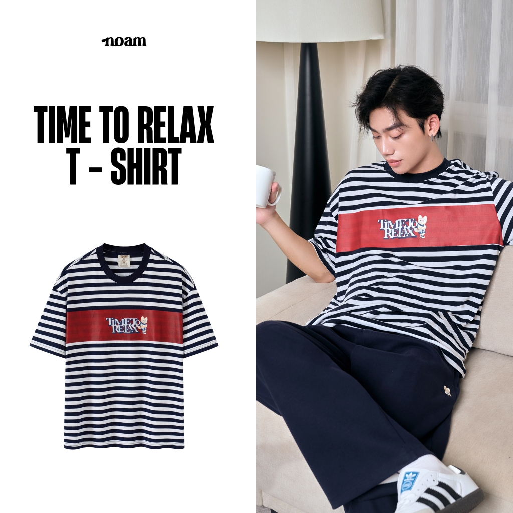 Áo thun Form rộng NOAM Time To Relax 100% Cotton 280GSM - Sọc ngang Xanh - Trắng