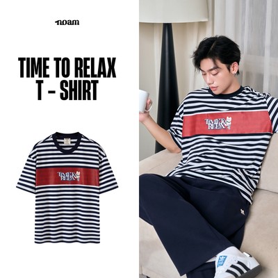 Áo thun Form rộng NOAM Time To Relax 100% Cotton 280GSM - Sọc ngang Xanh - Trắng
