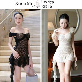 Đầm body ren trễ vai tua rua y2k màu đen kem đầm đi tiệc đi chơi đi biển