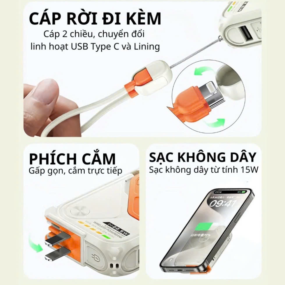 Sạc Dự Phòng 20000mAh Không Dây Có 3C, Sạc Dự Phòng Kiêm Củ Sạc Công Suất 22,5W , Sạc Cho Iphone Và Android | BigBuy360 - bigbuy360.vn