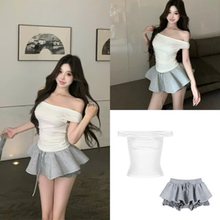 Set Áo Thun Trễ Vai Trơn Basic Tay Ngắn Mix Chân Váy Xoè Lót Quần Rút Dây Set Váy Ngắn Tiểu Thư - Thời Trang Nữ