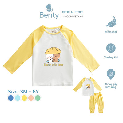 Dài tay cài chéo in gấu BT022 BENTY chất liệu mềm mịn mát bé trai bé gái, bộ dài ngủ điều hòa