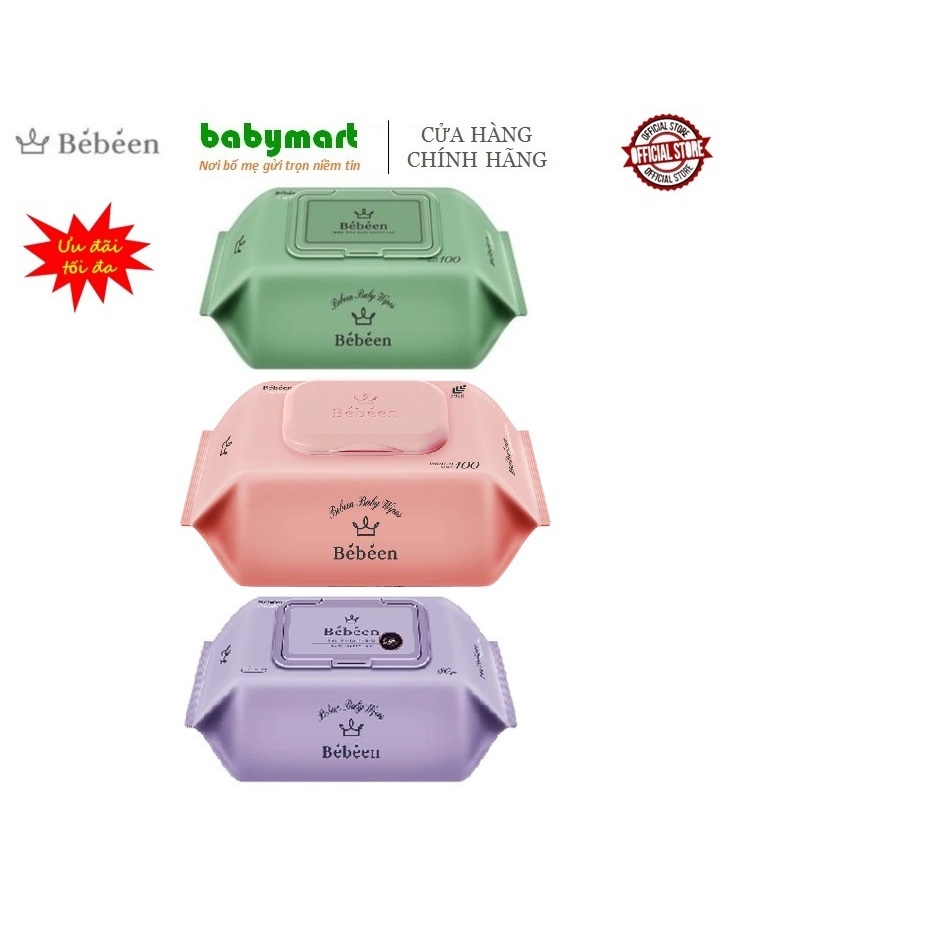 Khăn ướt Hàn Quốc chính hãng Bebeen Sensitive không mùi xanh hồng tím 25-80-100 tờ