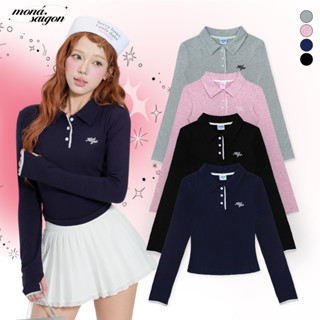 Áo polo nữ MONÁ dáng ôm dài tay phối ren thêu logo Moná Girls  - NELLY VER TAY DÀI