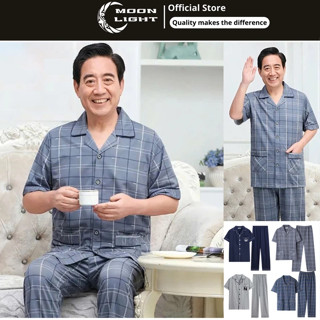 Bộ đồ ngủ nam trung niên Đồ ngủ cho bố Bộ Pijama vải bông họa tiết đơn giản thời trang mùa thu đông cho trung niên