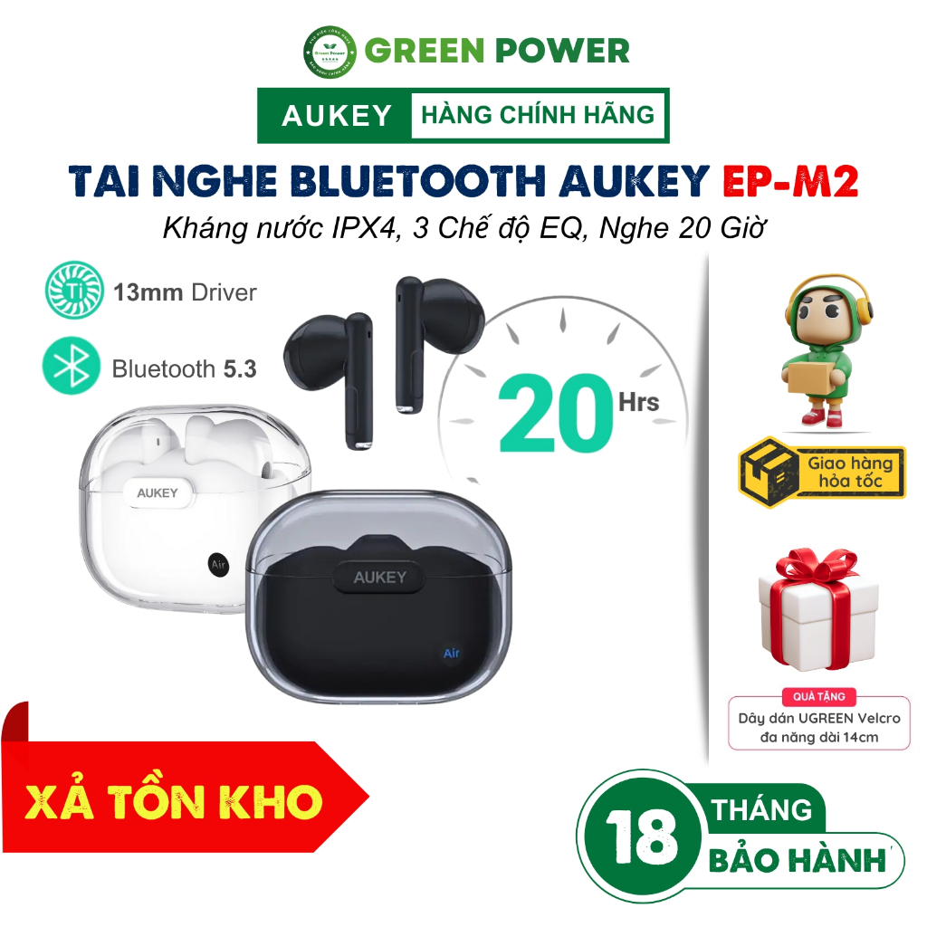 Tai Nghe Bluetooth TWS AUKEY EP-M2 Thiết kế Trong suốt, Kháng nước IPX4, 3 Chế độ EQ, Nghe 20 Giờ - 