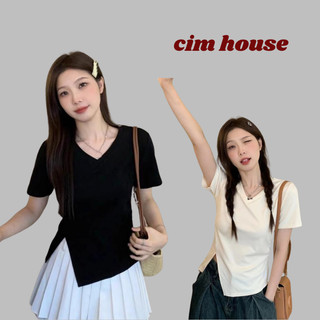  Áo thun nữ xẻ tà cổ tim áo kiểu nữ V ngắn tay chéo vạt chất thun tăm mềm mát CIMHOUSE-CA214 
