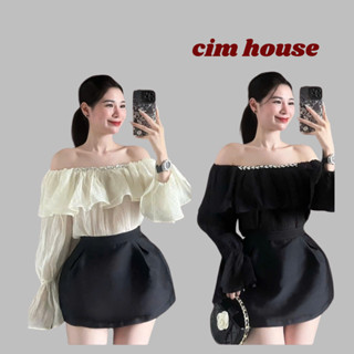 Áo trễ vai nữ dài tay đính đá tiểu thư cao cấp áo kiểu nữ trễ vai bánh bèo chất tơ nhăn CIMHOUSE- CA45