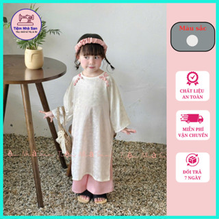 Áo Dài Cho Bé TẶNG BỜM - VÒNG NGỌC TRAIÁo Dài Gấm Trắng Phối Quần Lụa Cao Cấp - Tiệm Nhà San