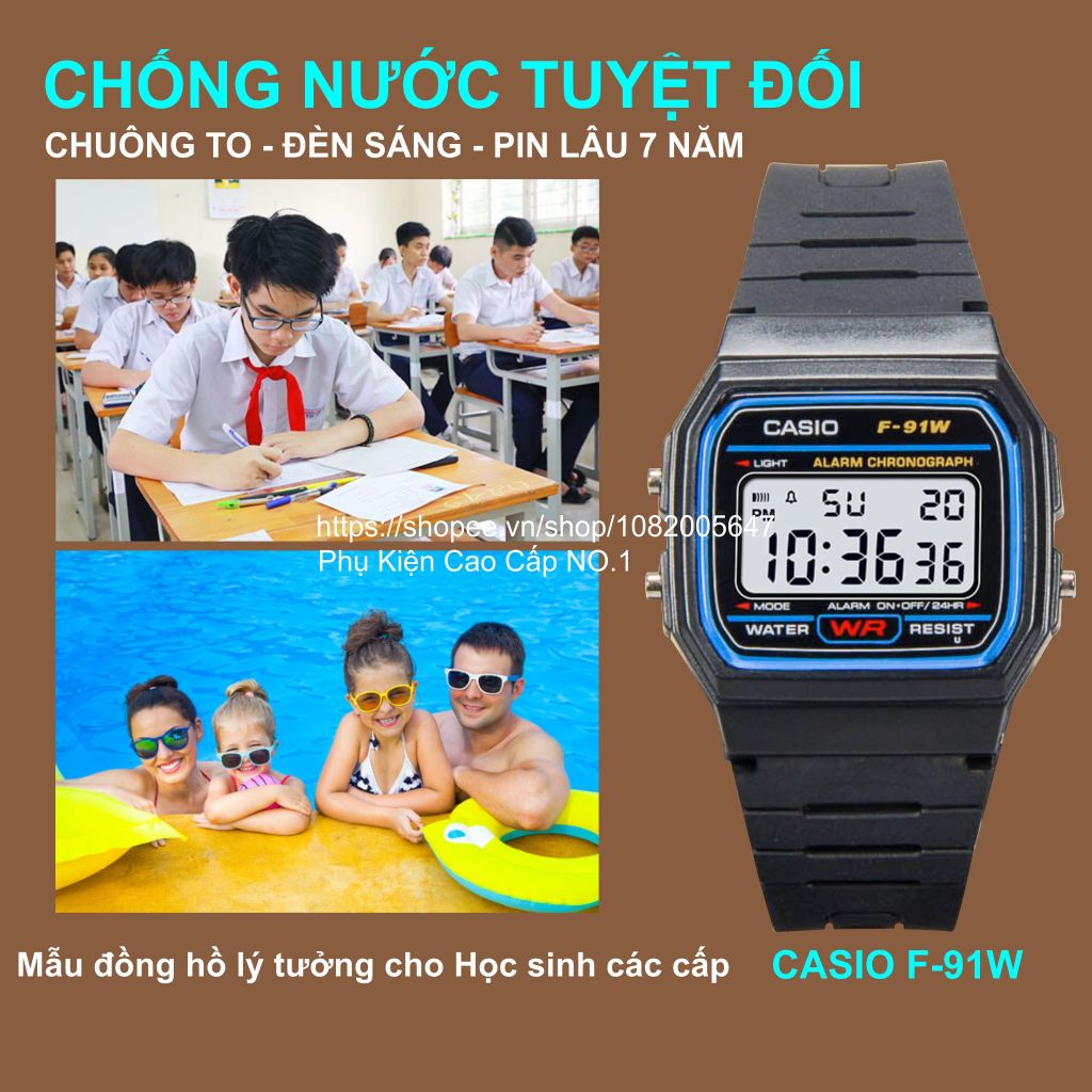 Đồng Hồ Nam/Nữ Casio F-91W1 .a., Chống Nước Tuyệt Đối, Siêu Bền, Pin Lâu 7 Năm, Mẫu Huyền Thoại