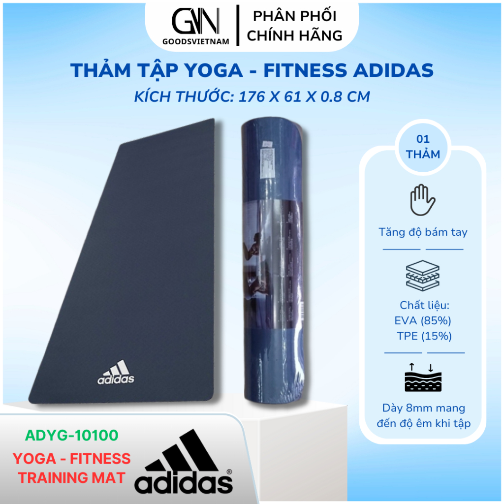 Thảm Tập Yoga, Fitness Chính Hãng ADIDAS ADYG-10100 - Thảm Tập Tăng Độ Bám Tay, Dày 8mm Độ Êm Cao