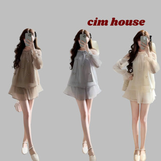 Set bộ đồ nữ áo tơ hở vai đính nơ tay dài kèm chân váy 2 tầng dáng xòe tiểu thư CIMHOUSE- CB109