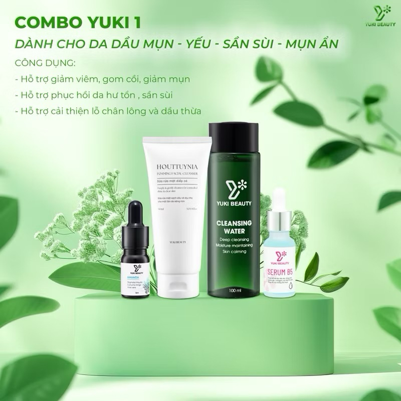 COMBO 1: Dành Cho Da Mụn, Da Yếu ( Gồm:  1Tẩy trang - 1Sữa Rửa Mặt- 1Serum mụn Amanda - 1 Serum B5)Y