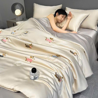 Bộ Chăn Ga Gối 4 Món Phi Lụa Thêu Hoa Bộ 4 Món Gồm Chăn Lụa Trần Bông, Ga Giường Lụa Và 2 Vỏ Gối Đầu