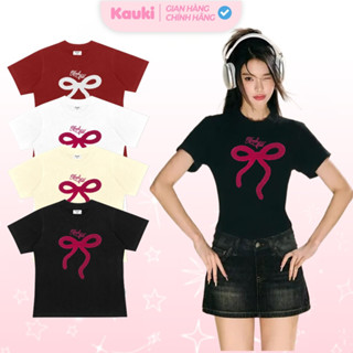 Áo baby tee thêu nơ xù cao cấp xinh xắn Kauki cotton 250gsm thoáng mát dễ thương BBT53