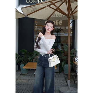 Áo tay dài KHIẾT trễ vai ôm body trắng kèm 2 hoa cài rời trẻ trung năng động KA104