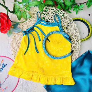 Bộ yếm bé gái áo gấm quần lụa lửng Lavin Kids 8-15kg mềm mịn, không nóng bí