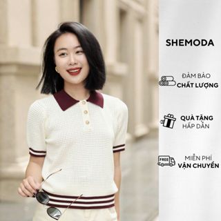 Áo Mongtoghi Nữ Cộc Tay SHEMODA Hole Polo Dệt Cách Điệu Thoáng Mát, Áo Polo Nữ Cộc Tay Sang Trọng