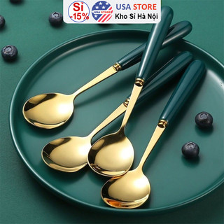  SET 2 Thìa Muỗng Inox Cao Cấp Cán Xanh Ngọc Lục Bảo Để Ăn Cơm Gia Đình Theo Phong Cách Bắc Âu 