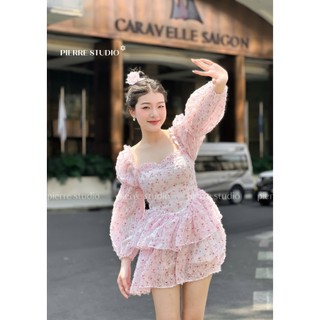 SAKURA DRESS Đầm thiết kế trễ vai dài tay hoa hồng, váy trễ vai thiết kế Pierrestudio cao cấp