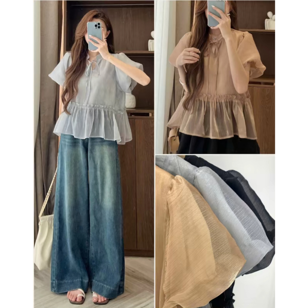 Áo Babydoll Nữ Chất Tơ Óng Cổ Nơ Tay Bồng Dáng Rộng Nữ Tính Thời Trang Nữ Hanaco - A98