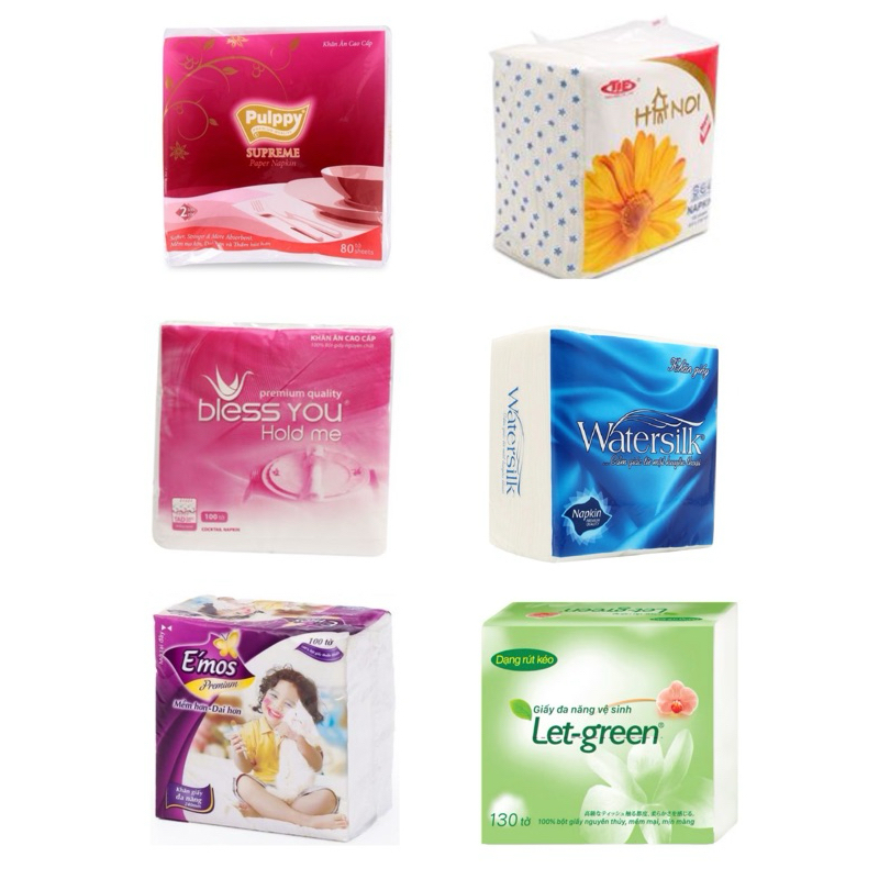 Giấy Ăn Vuông Pulppy/ Hanoi/ Bless you/ Watersilk/ Emos/ Let's Green - Khăn Giấy