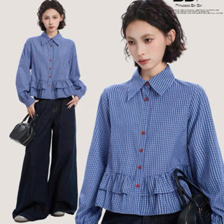 Áo Sơ Mi Nữ Kẻ Caro Form Babydoll Chất Thô Cotton, Áo Sơ Mi Kiểu Dài Tay Dáng Croptop Phong Cách Hàn Quốc