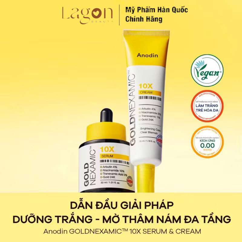 Serum & Kem Dưỡng ANODIN GOLDNEXAMIC™ 10X Serum & Cream Dưỡng Trắng, Xóa Mờ Thâm Nám Sạm Da