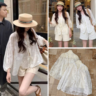 [ Hàng QC] Áo sơ mi voan ren thêu hoa cổ Tàu thắt nơ (tặng kèm áo hai dây) siêu xinh