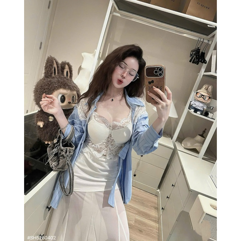 Set 3mon: áo ren 2s+ cv đuôi tôm+ khoác sm sọc xanh đính nơ 1415 Size SM